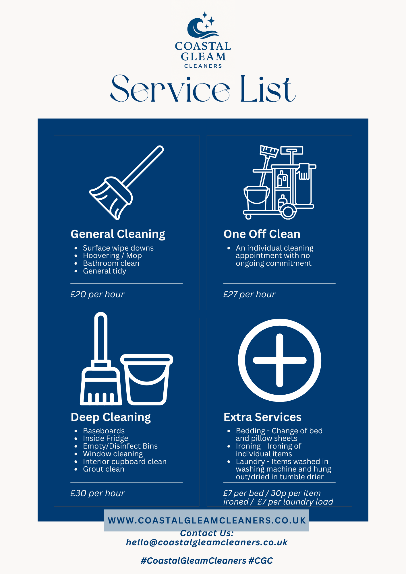 Coastal Gleam Cleaners Service List: General Cleaning £20/hr, One Off Clean £27/hr, Deep Cleaning £30/hr, Extra Services from £7